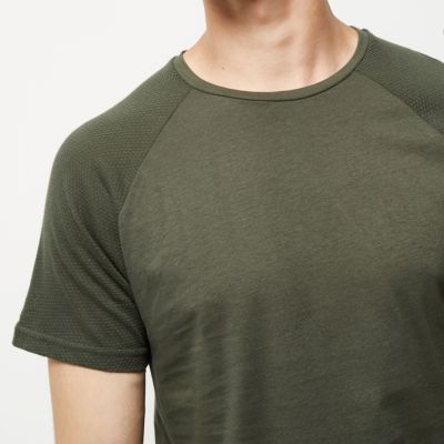 Khaki mesh sleeve slim fit T-shirt